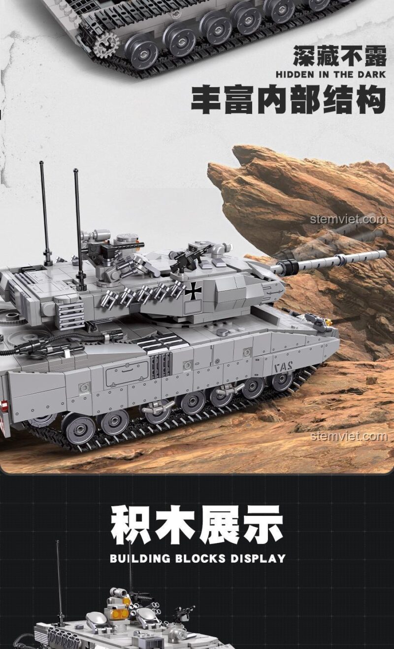 Lắp ráp JIESTAR 61036 Xe tăng Leopard 2A7 với cấu trúc phân tách giúp việc lắp ráp đơn giản hơn, phù hợp cho bé trai rèn luyện kỹ năng, giá tốt.