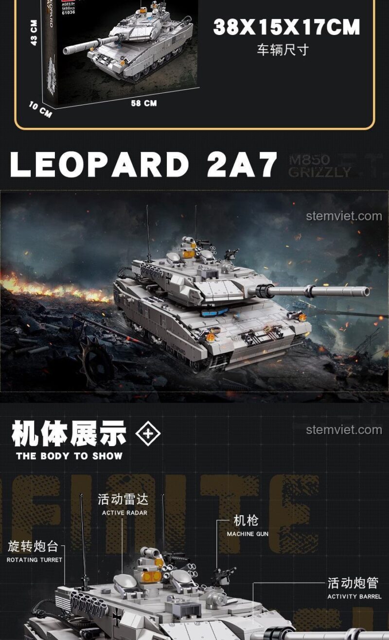 Bộ đồ chơi xe tăng Leopard 2A7 JIESTAR 61036 với kích thước hộp 58x43x10cm và kích thước xe 38x15x17cm, thể hiện quy mô sản phẩm, giá tốt.