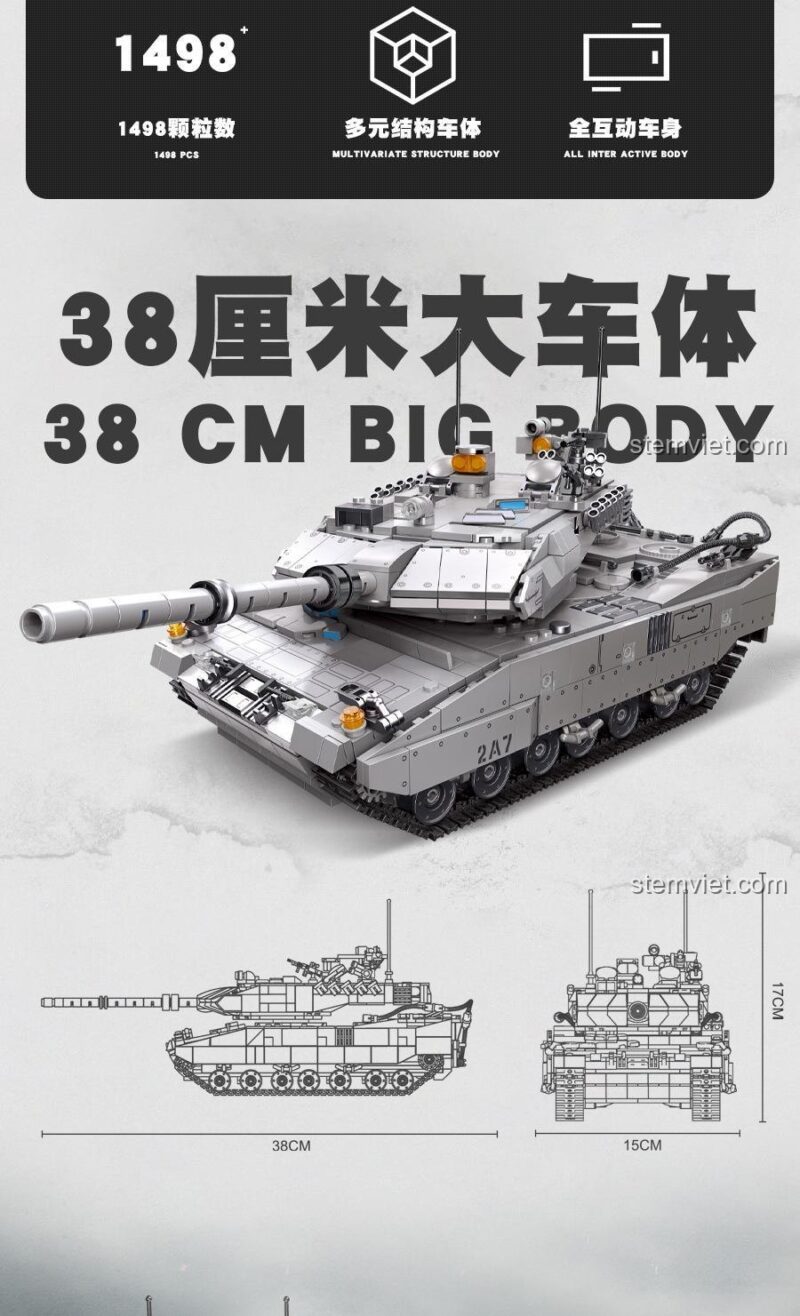 Đồ chơi xây dựng 61036 Xe tăng Leopard 2A7 với sơ đồ kích thước mô hình 38x15x17cm, thể hiện độ lớn ấn tượng của sản phẩm, cho bé trai 6 tuổi.