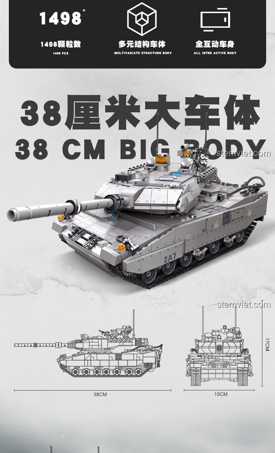 Đồ chơi xây dựng 61036 Xe tăng Leopard 2A7 với sơ đồ kích thước mô hình 38x15x17cm, thể hiện độ lớn ấn tượng của sản phẩm, cho bé trai 6 tuổi.