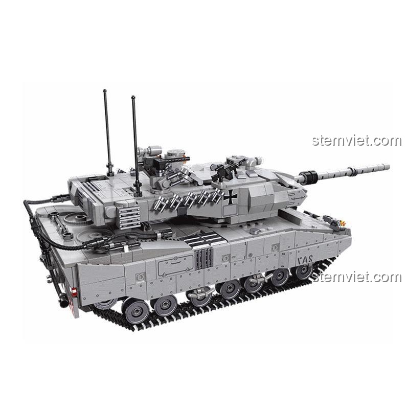 Đồ chơi quân sự JIESTAR 61036, mô hình xe tăng Leopard 2A7 từ phía sau bên phải, thể hiện các chi tiết tinh xảo, thích hợp cho bé trai.