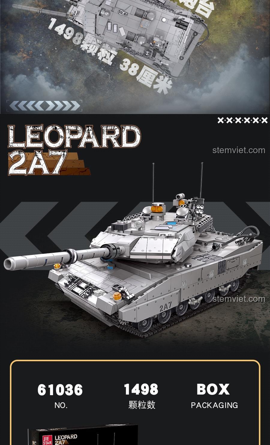 Mô hình 61036 Leopard 2A7 với các thông số chính: 1498 chi tiết, thân xe 38cm, đóng gói hộp, cho bé trai 6 tuổi yêu thích quân sự.