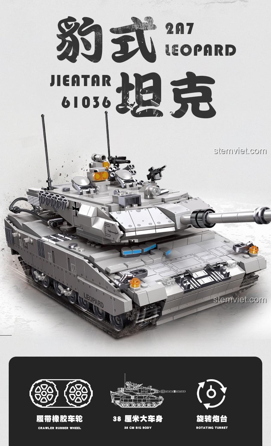 Mô hình xe tăng Leopard 2A7 JIESTAR 61036 với các tính năng nổi bật như bánh xích cao su, thân xe lớn 38cm và tháp pháo xoay, phù hợp bé trai 6 tuổi.