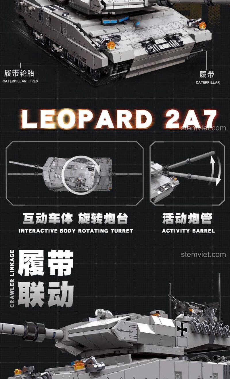 Xe tăng chiến đấu 61036 Leopard 2A7 với các tính năng hoạt động: radar, súng máy, tháp pháo xoay và nòng pháo hoạt động, tăng cường trải nghiệm chơi cho bé trai.