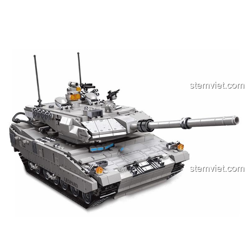 Bộ lắp ráp JIESTAR 61036 Xe tăng Leopard 2A7, mô hình quân sự chi tiết, góc nhìn phía trước bên phải, dành cho bé trai 6 tuổi, chất lượng cao.