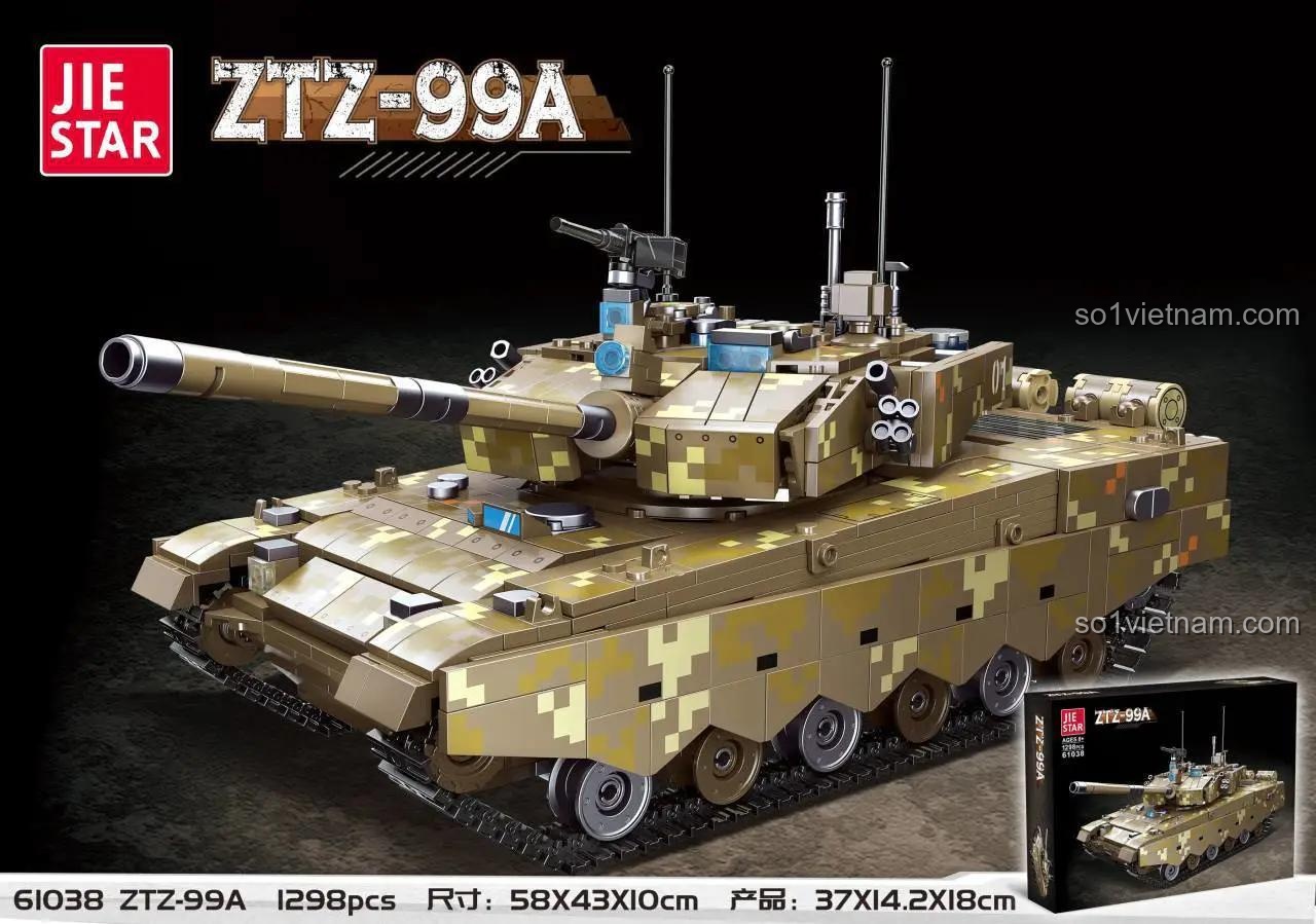 Hộp bộ xếp hình JIESTAR 61038 Xe Tăng Chủ Lực ZTZ-99A, 1298 chi tiết, kích thước hộp và mô hình, đồ chơi quân sự cho bé trai 8 tuổi