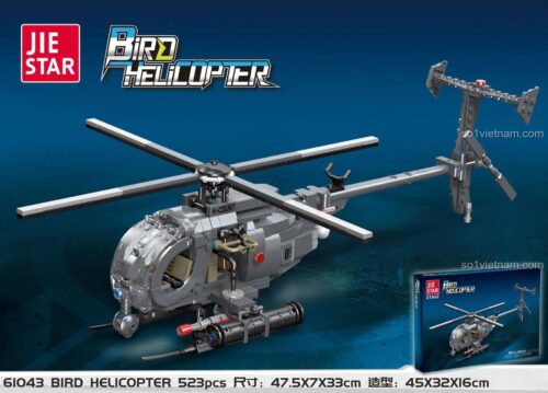 Hộp đồ chơi mô hình Trực Thăng Quân Sự JIESTAR 61043, thể hiện kích thước hộp 47.5x7x33cm và mô hình 45x32x16cm, bộ lắp ghép cho bé trai 8 tuổi