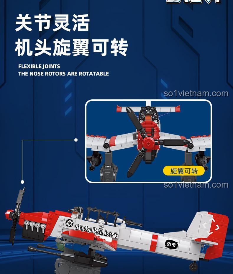 JIESTAR Máy bay ném bom Stuka, cánh quạt quay được, khớp nối linh hoạt, đồ chơi cho bé trai 8 tuổi