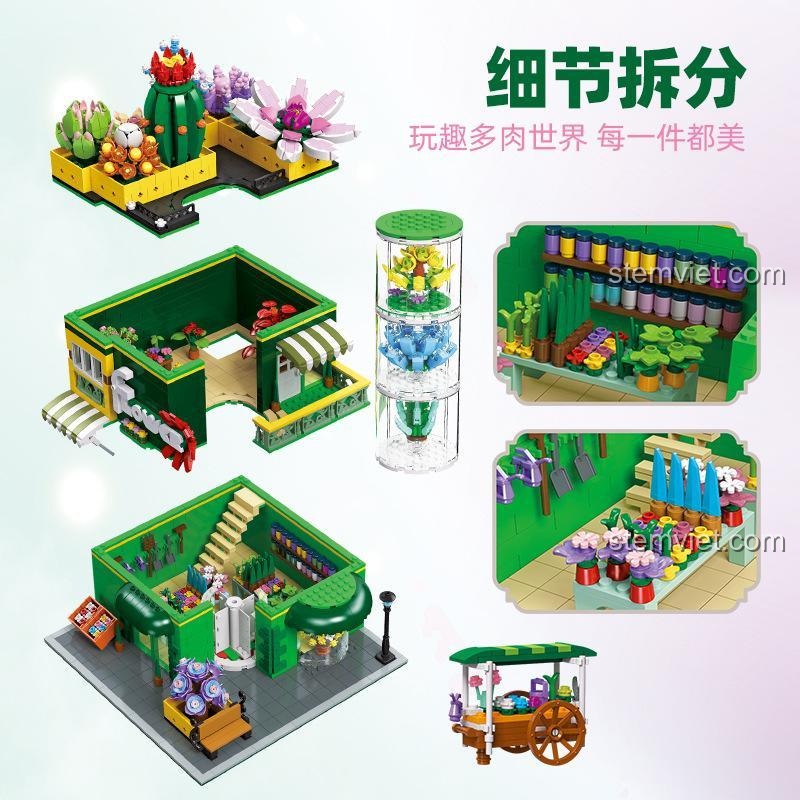 Các chi tiết tháo rời của bộ đồ chơi JIESTAR 89108 Cửa hàng cây mọng nước, thể hiện độ chi tiết cao và khả năng lắp ráp linh hoạt, giúp trau dồi tư duy