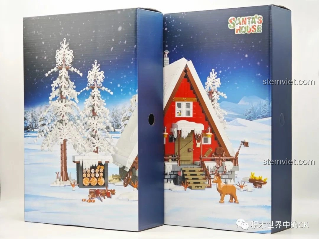 Hai mặt bên của hộp đồ chơi lắp ráp JIESTAR 89141 Ngôi nhà Giáng Sinh, thể hiện thiết kế tổng thể của sản phẩm.