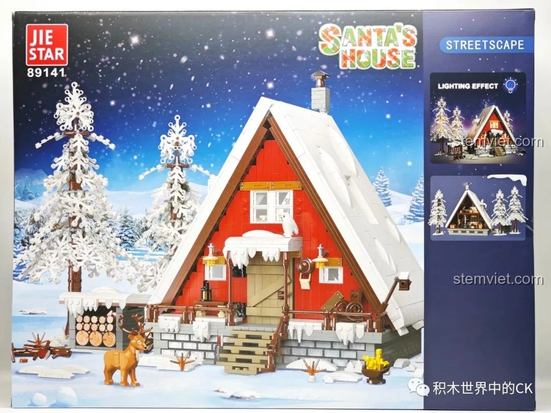 Mặt sau hộp đồ chơi JIESTAR 89141 Ngôi nhà Giáng Sinh, hiển thị các góc nhìn khác nhau của mô hình và hiệu ứng đèn LED.