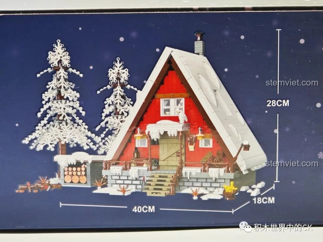 Kích thước mô hình Ngôi nhà Giáng Sinh JIESTAR 89141 được in trên hộp, với chiều dài 40cm, rộng 18cm và cao 28cm.