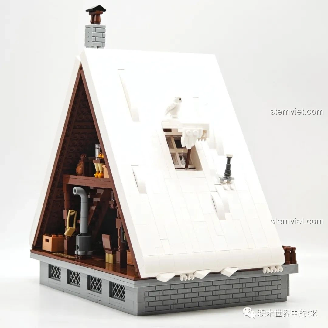 Tổng quan nội thất bên trong mô hình JIESTAR 89141 Ngôi nhà Giáng Sinh, nhìn từ góc khác, với cửa sổ mái.