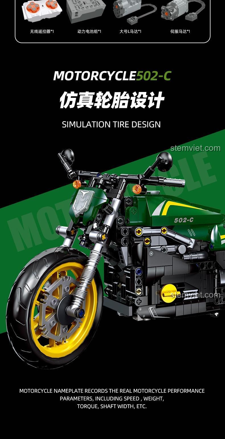 Kích thước mô hình và hộp của bộ đồ chơi JIESTAR 91022 Mô tô Benelli 502C, đồ chơi lắp ráp 91022, thông số kỹ thuật.