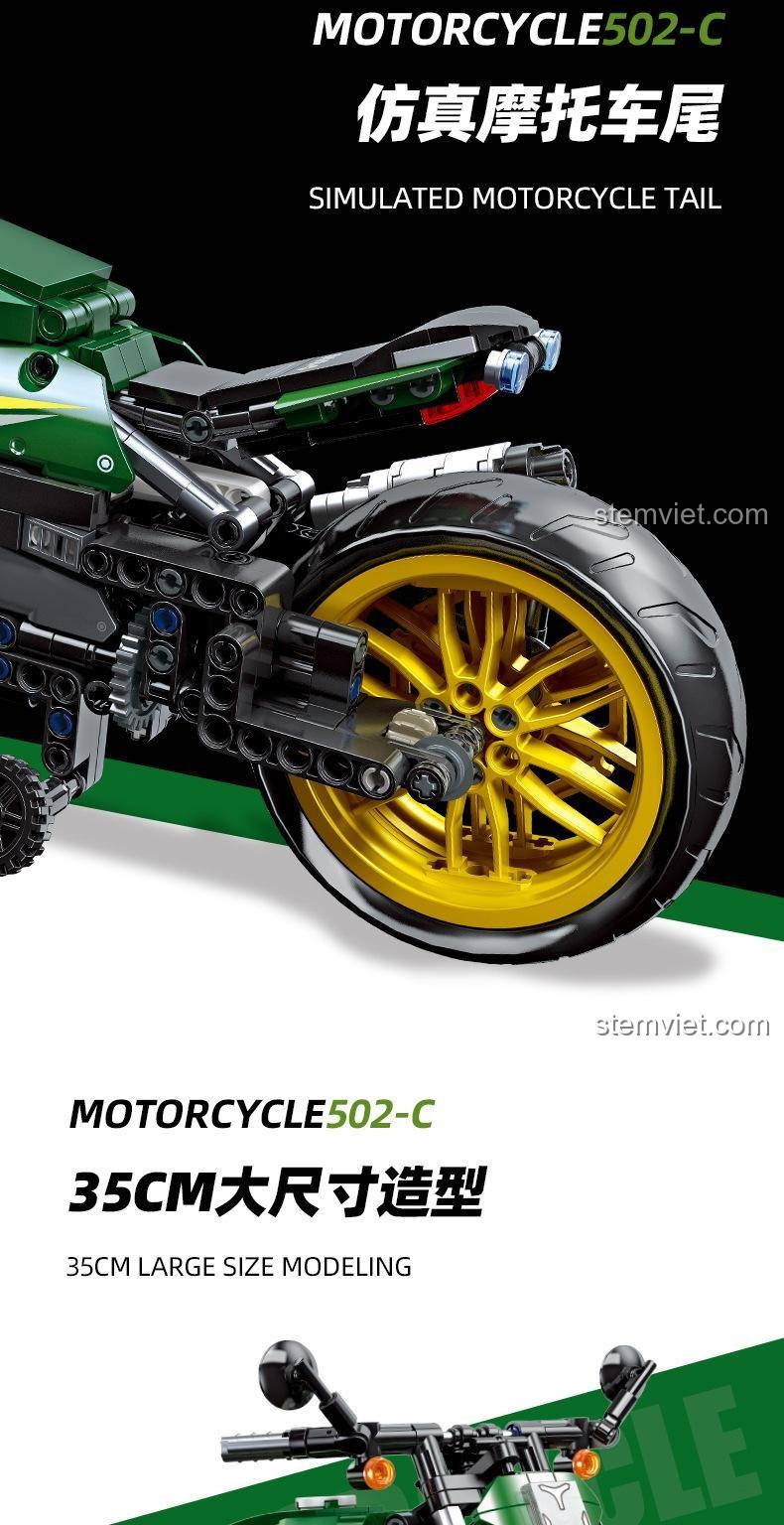 Thiết kế lốp xe mô phỏng của JIESTAR91022 Xe mô tô Benelli 502C, đồ chơi mô hình xe Benelli 502C 1022, chi tiết cao.