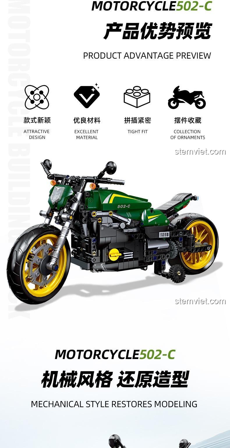 Mô tô Benelli 502C 91022 với 765 mảnh ghép, đồ chơi lắp ghép Benelli 502C, phù hợp bé trai 6 tuổi.