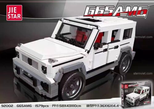 Hộp sản phẩm bộ đồ chơi mô hình JIESTAR 92002 Mercedes-Benz G65 AMG, thể hiện kích thước hộp 58x43x10cm và mô hình 36x16x14.4cm, 1579 chi tiết, cho bé trai 6 tuổi.