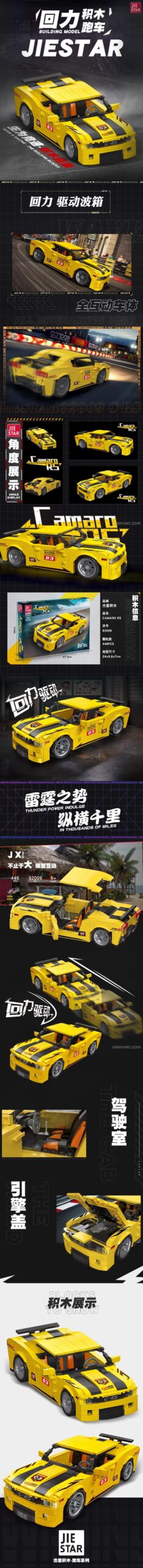 đồ chơi mô hình 92009 Xe Camaro RS JIESTAR, thể hiện chi tiết động cơ kéo lùi và các góc độ của xe, phù hợp bé trai 6 tuổi