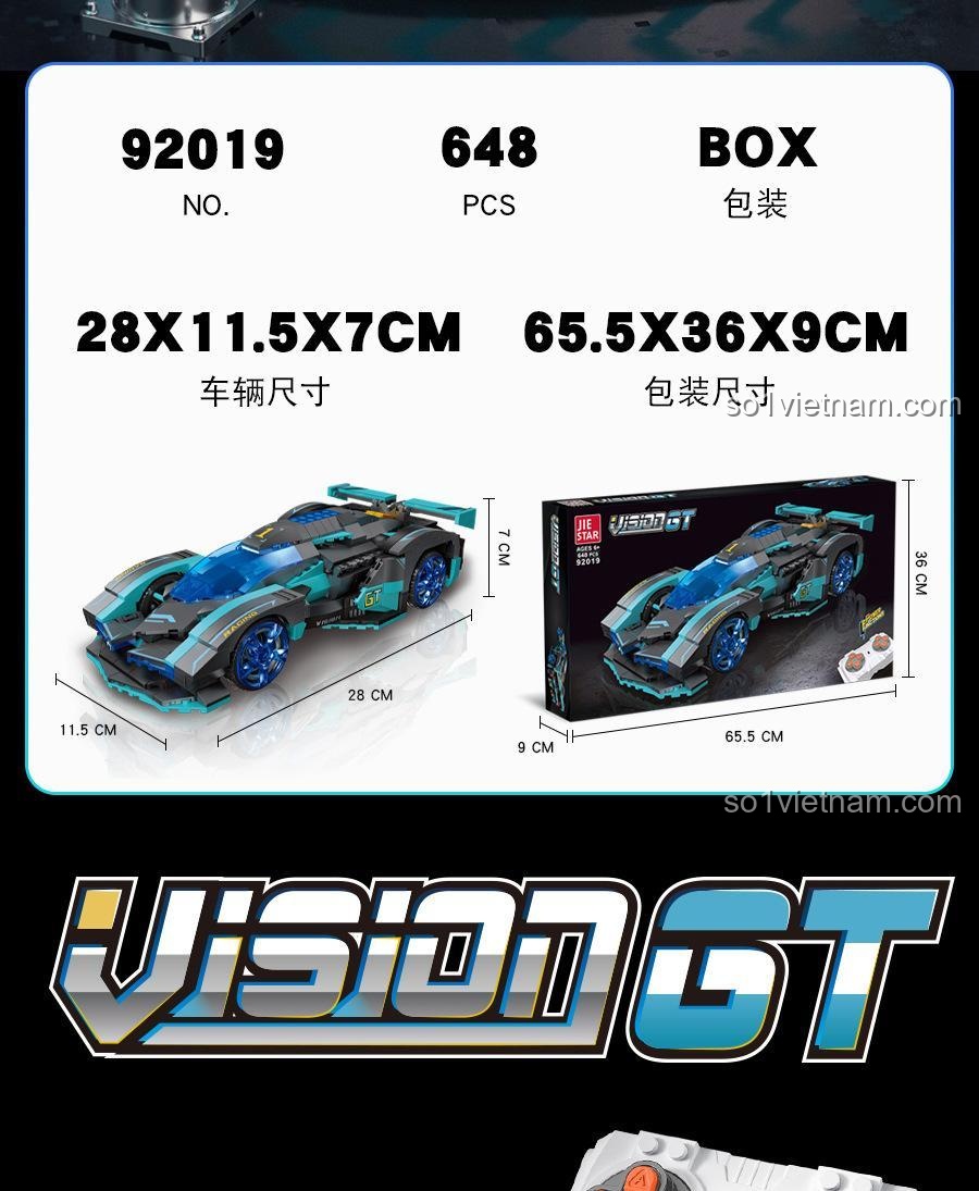 JIESTAR Xe đua Vision GT 92019, hiển thị kích thước xe và hộp, bộ lắp ráp 648 mảnh, cho bé trai 6 tuổi, đáng mua