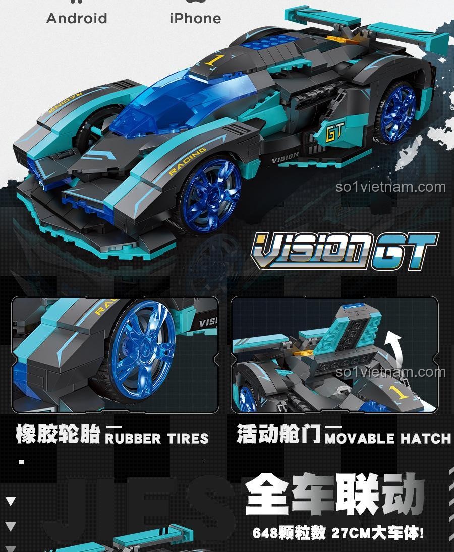 Xe thể thao Vision GT JIESTAR 92019 với lốp cao su và cửa có thể mở, đồ chơi lắp ghép 648 mảnh, cho bé trai 6 tuổi, chất lượng đảm bảo