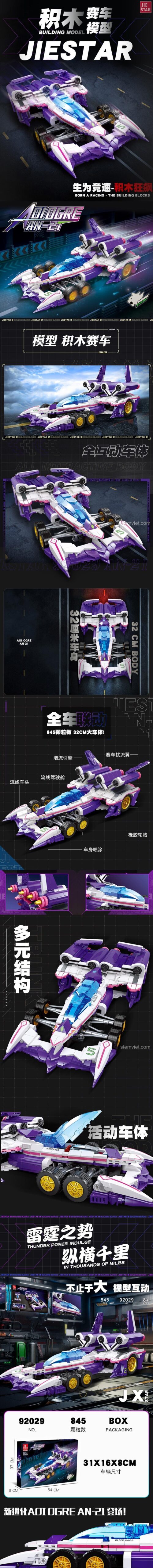 Hộp sản phẩm JIESTAR 92029 Xe Đua AN-21 Ogre hiển thị kích thước 54x37x8 cm và 845 mảnh ghép, mô tả chi tiết thiết kế đột phá của siêu xe đua Ogre, phù hợp cho bé trai yêu thích tốc độ.
