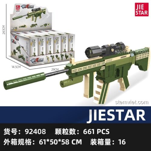 Hộp bộ đồ chơi JIESTAR 92408 Súng M416, đồ chơi lắp ráp 92408 với kích thước hộp 29x14.5x24.1cm, phù hợp bé trai 6 tuổi
