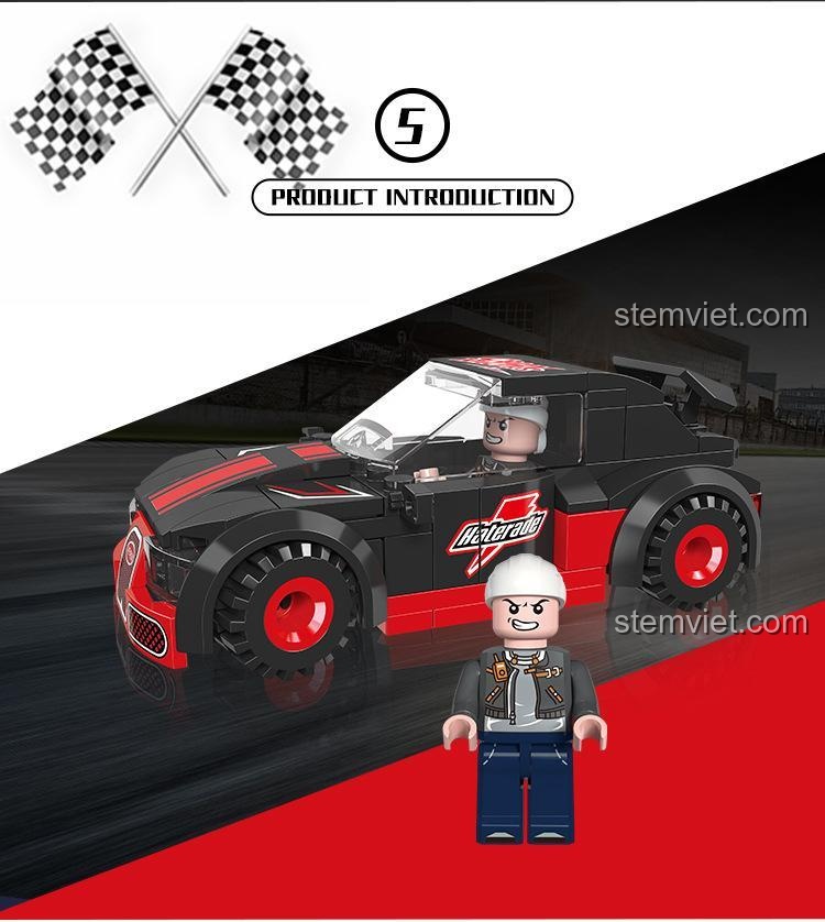 Xe đua màu đen đỏ cá tính trong bộ lắp ráp JIESTAR 92500 Xe Đua Cuồng Dã, cùng minifigure nam, mang đến trải nghiệm lắp ráp đầy thử thách và thú vị.