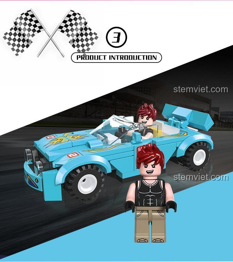 Xe đua màu xanh dương và minifigure nam trong bộ đồ chơi lắp ráp JIESTAR 92500 Xe Đua Cuồng Dã, thể hiện sự linh hoạt và sáng tạo khi chơi.