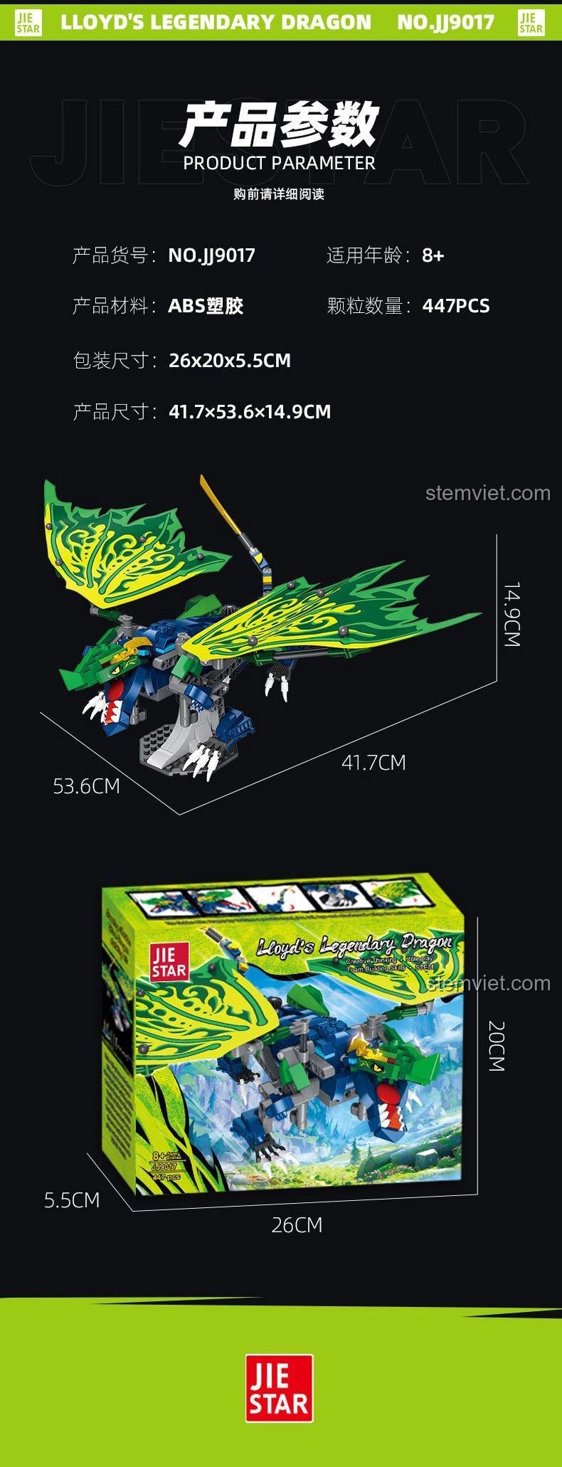 Kích thước chi tiết của mô hình Rồng Thần Huyền Thoại JIESTAR JJ9017 và hộp sản phẩm.