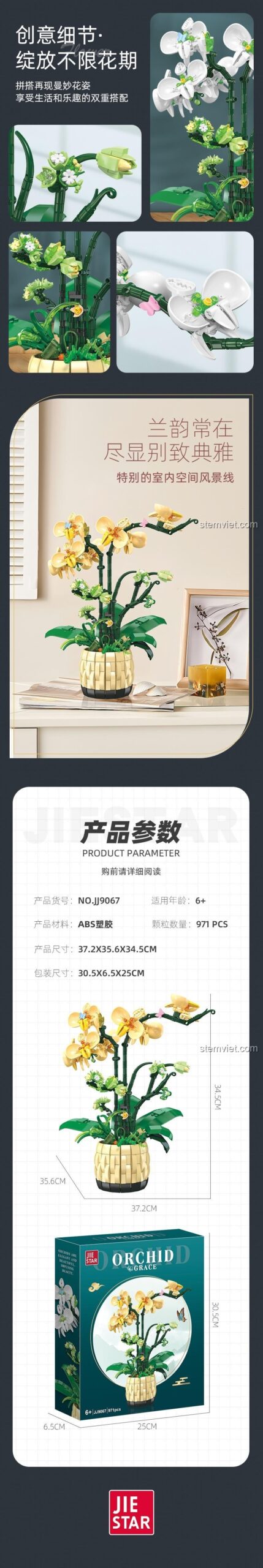 Bộ xếp hình JJ9067 Mô hình Hoa Lan JIESTAR dùng để trang trí bàn làm việc, tạo không gian thanh lịch.