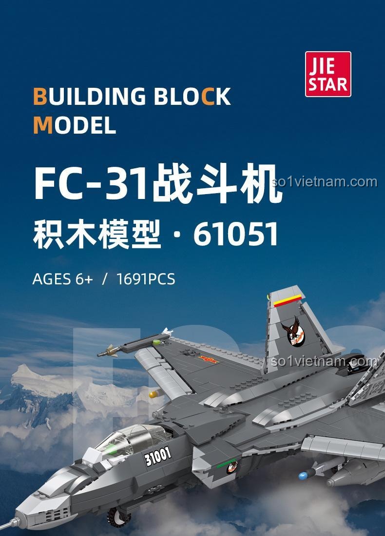 Mô hình lắp ráp máy bay chiến đấu tàng hình FC-31 JIESTAR 61051, 1691 mảnh ghép, đồ chơi sáng tạo cho bé trai