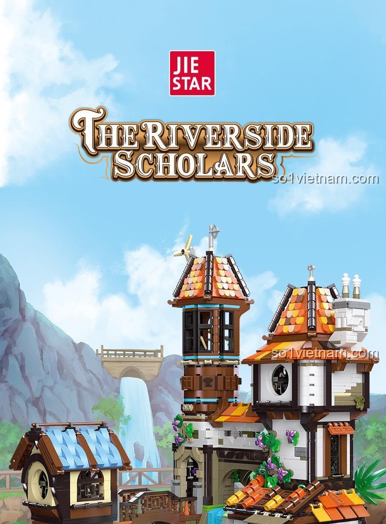 Cảnh quan sông nước của mô hình JIESTAR 89149 The Riverside Scholars, 2488 chi tiết, có đèn LED, phù hợp cho bé trai 6 tuổi