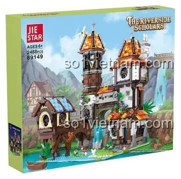 Hộp sản phẩm JIESTAR 89149 The Riverside Scholars đầy đủ thông tin, 2488 chi tiết, có đèn LED, phù hợp cho bé trai 6 tuổi