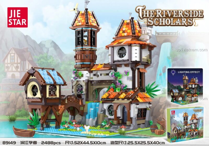 Hộp sản phẩm JIESTAR 89149 The Riverside Scholars mô hình làng cổ ven sông, 2488 chi tiết, có đèn LED, phù hợp cho bé trai 6 tuổi