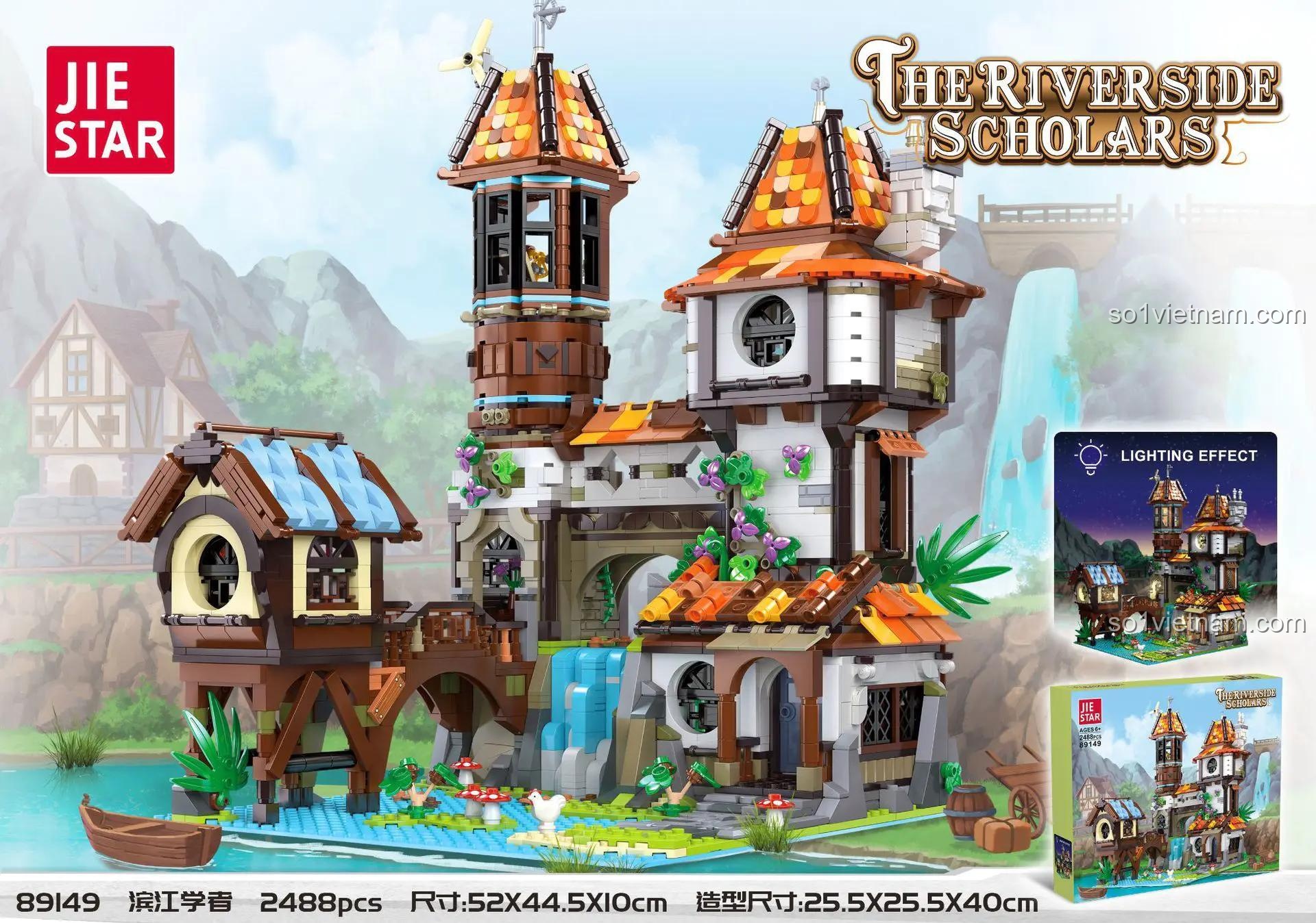 Hộp sản phẩm JIESTAR 89149 The Riverside Scholars mô hình làng cổ ven sông, 2488 chi tiết, có đèn LED, phù hợp cho bé trai 6 tuổi