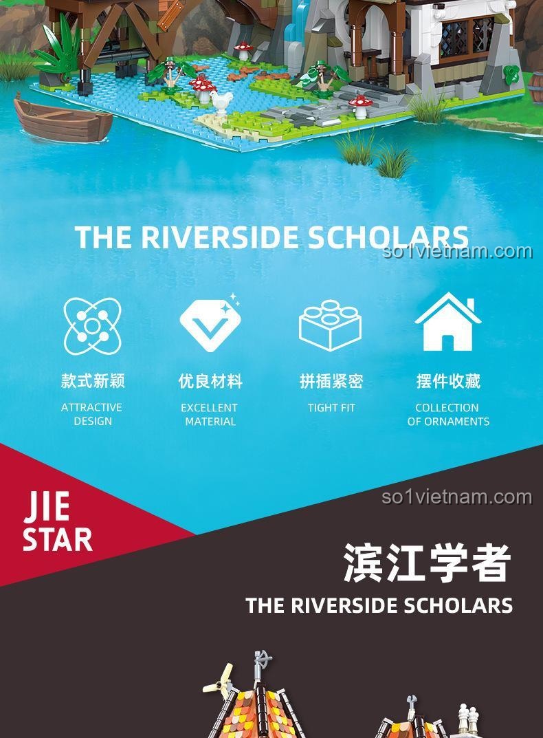 Nội thất phong phú của mô hình JIESTAR 89149 The Riverside Scholars, 2488 chi tiết, có đèn LED, phù hợp cho bé trai 6 tuổi