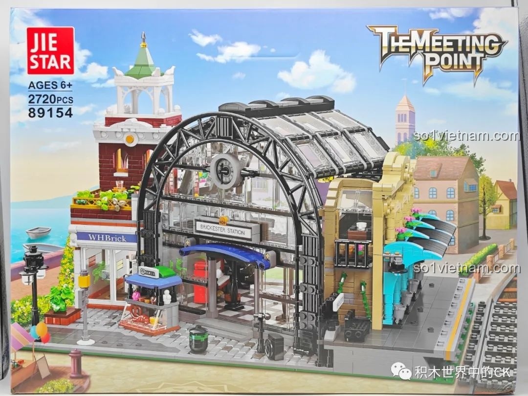 Hộp bộ lắp ráp JIESTAR 89154 Nhà Ga Chuyến Tàu Gặp Gỡ với hình ảnh mô hình hoàn thiện sắc nét