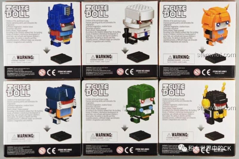 Mặt sau các hộp đồ chơi mô hình JiSi 6867 Blaster, thể hiện chi tiết và cảnh báo an toàn cho trẻ em trên 6 tuổi.