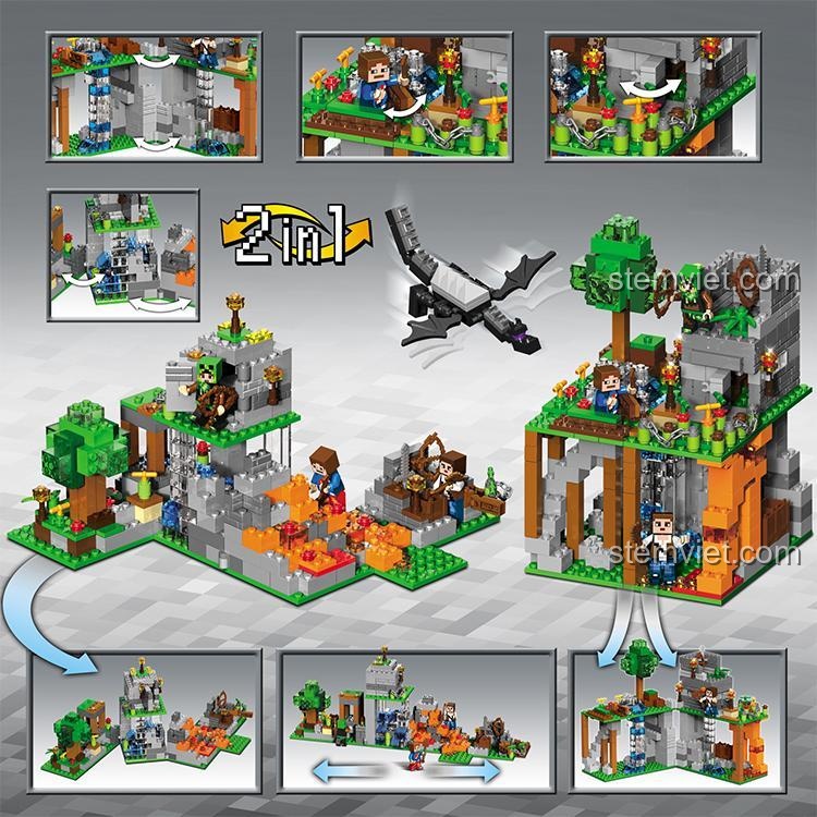 Mô hình JiSi 819 Thế giới Minecraft 2in1, thể hiện khả năng lắp ráp 2 kiểu khác nhau, đồ chơi lắp ráp cho bé 6 tuổi, kích thích sáng tạo.