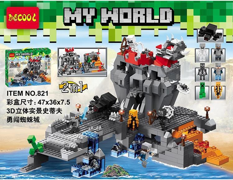 Bộ lắp ghép JiSi 821 Thành Nhện Minecraft 600 mảnh cho bé trai 6 tuổi, đồ chơi lắp ráp giá tốt, pháo đài nhện Steve