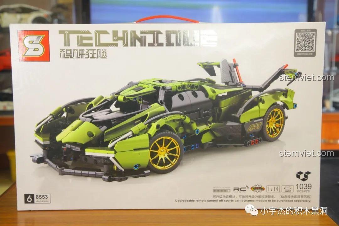 Hộp sản phẩm Jisi 8553, nổi bật với hình ảnh chiếc Lamborghini V12 Vision Gran Turismo màu xanh lá cây.