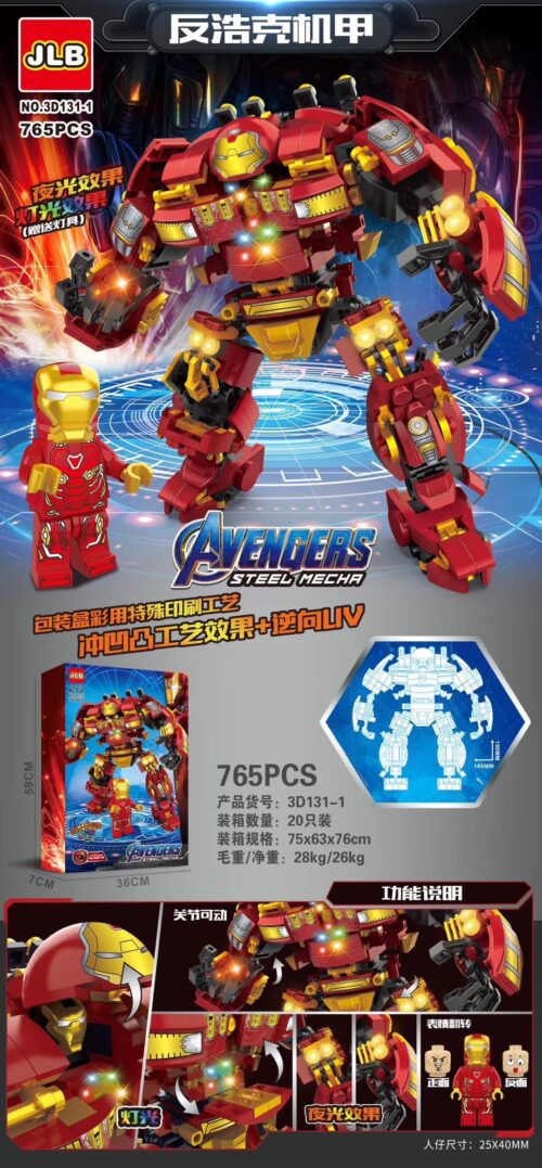 Bộ lắp ghép Chiến Giáp Hulkbuster JLB 3D131-1 có đèn LED, khớp cử động linh hoạt, kèm minifigure Người Sắt. Đồ chơi lắp ráp chất lượng cao cho bé trai 6-12 tuổi, giá tốt.