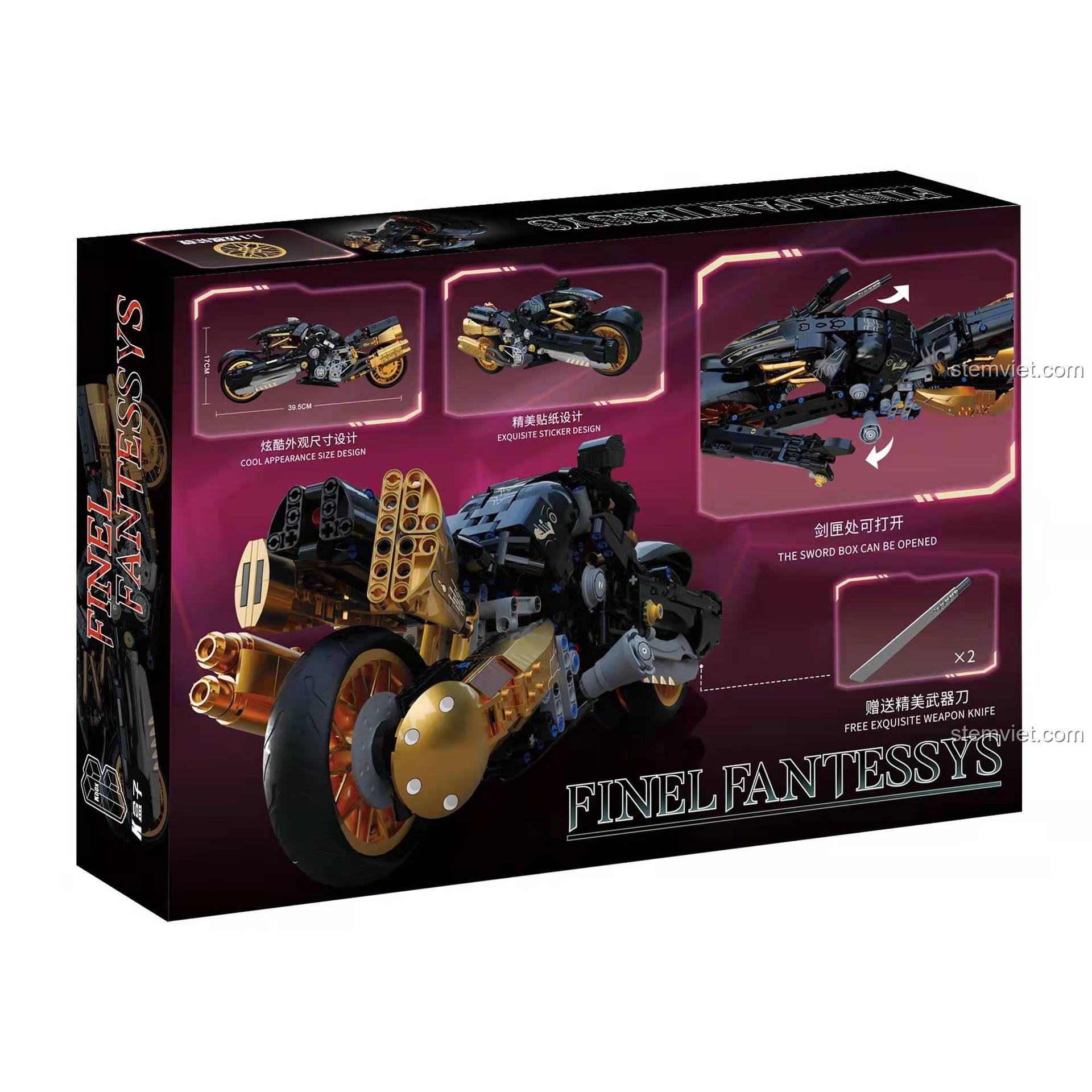 Mặt sau hộp đồ chơi mô hình K Box 10248 Mô tô Fenrir Sói Lửa Final Fantasy VII, thể hiện kích thước và tính năng đặc biệt, phù hợp con trai 14 tuổi.