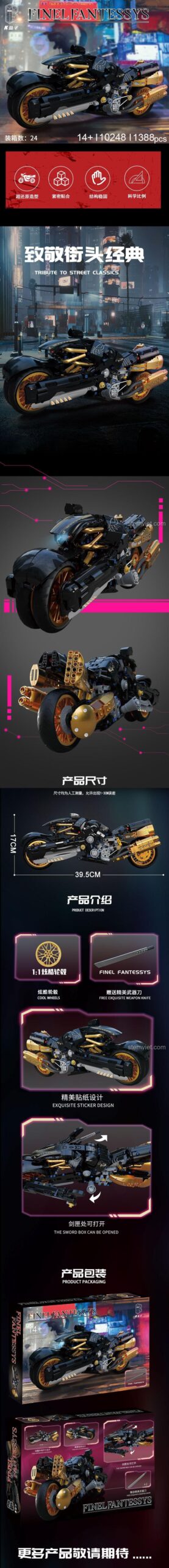 Infographic chi tiết bộ lắp ghép K Box 10248 Mô tô Fenrir Sói Lửa Final Fantasy VII, bao gồm kích thước, tính năng và thiết kế, đồ chơi mô hình giá tốt.