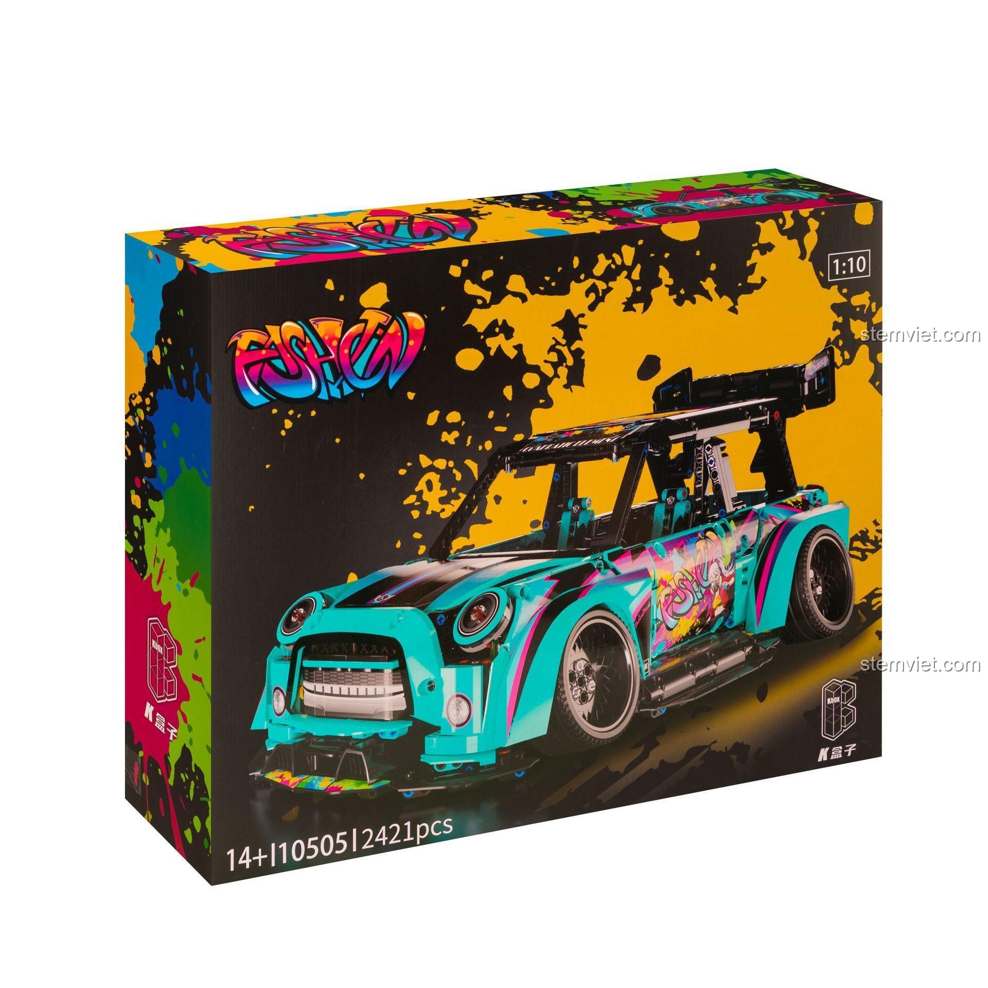 Hộp sản phẩm đồ chơi mô hình Siêu xe BMW MINI Graffiti K-Box 10505, nổi bật với hình ảnh xe và logo 1:10. Món quà sinh nhật giá tốt cho thanh niên.