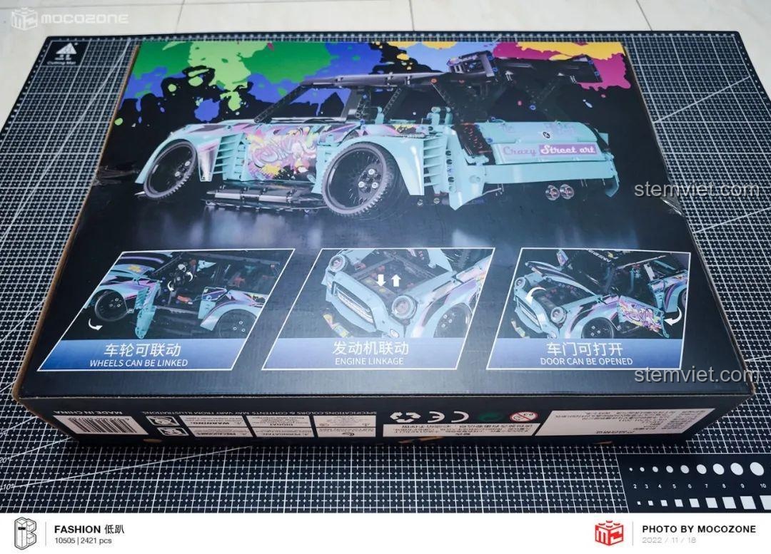 Mặt sau hộp đồ chơi mô hình Siêu xe BMW MINI Graffiti 10505, hiển thị các chức năng như bánh xe liên kết, động cơ và cửa mở được.