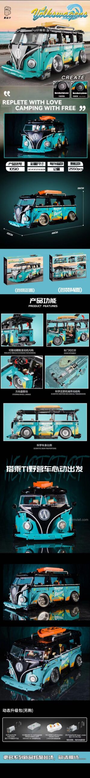 Ảnh quảng cáo đồ chơi lắp ghép Xe cắm trại cổ điển K Box, thể hiện kích thước thực tế 46cm x 26cm và các chi tiết có thể tương tác của sản phẩm.