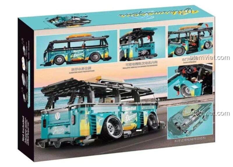 Ảnh chụp hộp sản phẩm bộ xếp hình 10510 Xe bus Volkswagen T1, với hình ảnh xe nổi bật trên nền hoàng hôn bãi biển, nhấn mạnh chủ đề cắm trại và du lịch.