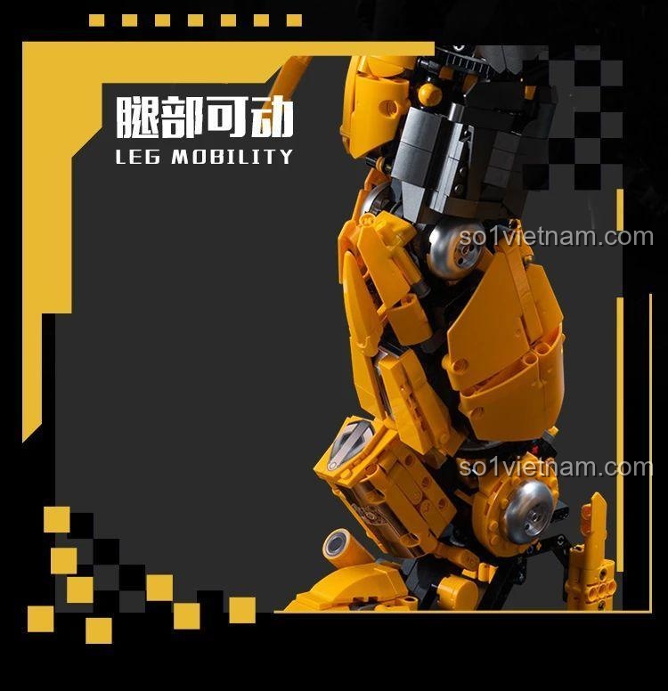 Mô tả tính năng khớp chân cử động linh hoạt của đồ chơi xây dựng Autobot Bumblebee, giúp mô hình đứng vững.