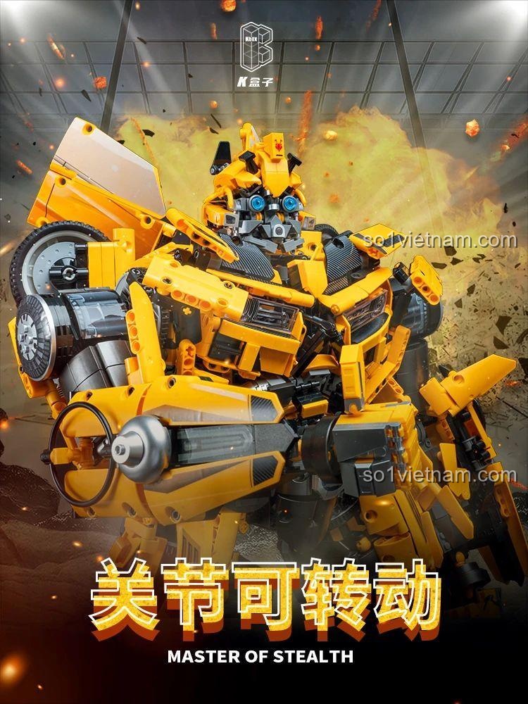 Cận cảnh chi tiết sơn ánh kim loại trên bộ đồ chơi Siêu Robot Bumblebee, một điểm nhấn chất lượng cao.